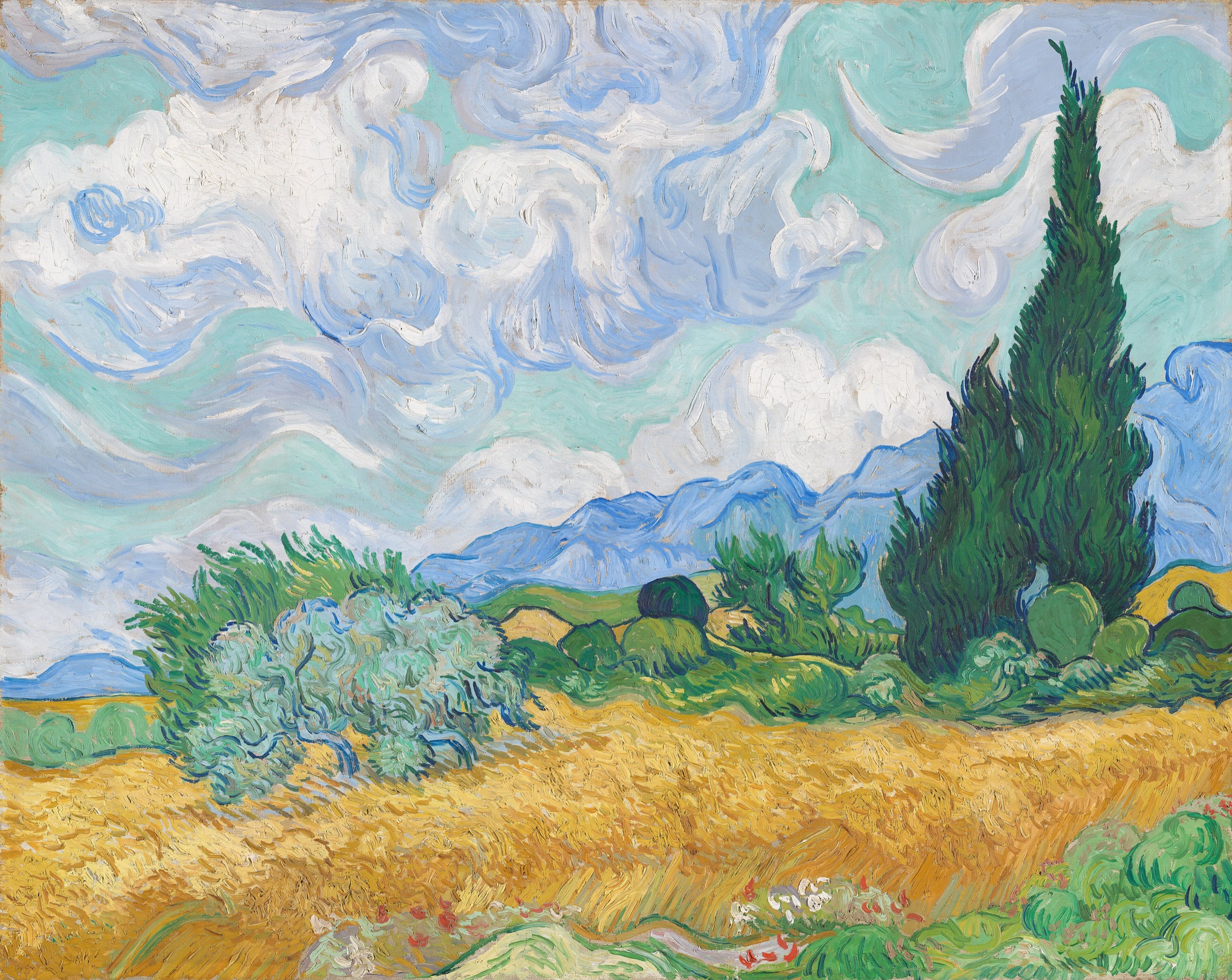 Vincent van Gogh, Campo di grano con cipressi: un campo dorato sotto un cielo mosso da nuvole